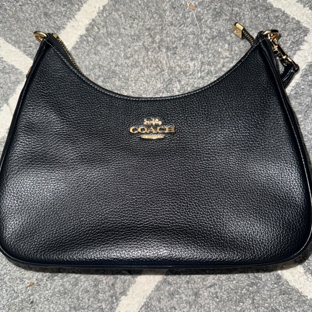 Coach Black Leather Shoulder Bag with Gold Accents